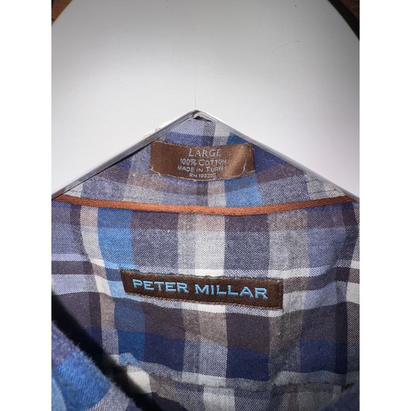 Peter Millar Mens Plaid Button Down Shirt Large Blue White Long Sleeve Cotton - Picture 3 of 3